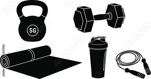 Silhouette vector set of 5 gym accessories kettlebell dumbbell yoga mat protein shaker bottle and jump rope