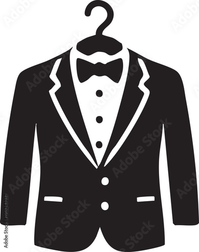 Tuxedo jacket and bow tie on hanger for formal events and parties