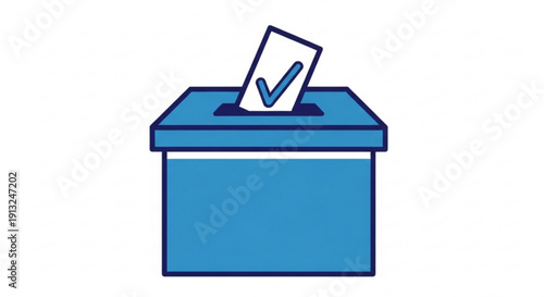 Blue ballot box with a checkmarked paper being inserted symbolizing voting and democracy