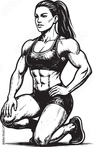 Woman in sports clothing kneeling with hand on hip flexed muscle tone