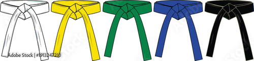 Silhouette vector set of 5 martial arts belt ranks white yellow green blue and black belt tied knots