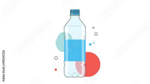 Clear plastic bottle filled with fresh water for hydration and health on a white background with abstract shapes.