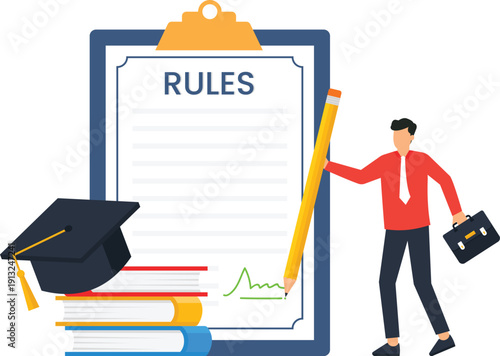 Businessman signing legal rules document on clipboard with graduation cap and stack books symbolizing education compliance academic regulation policy agreement formal requirements