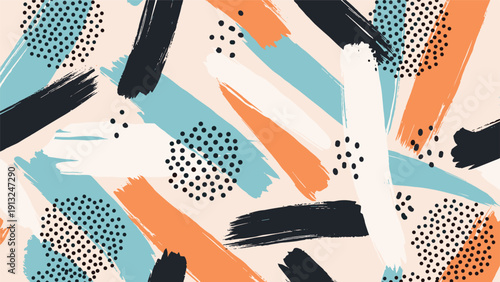 Vibrant abstract pattern of multi colored brush strokes and black dotted circles creating a modern and energetic artistic wallpaper design.