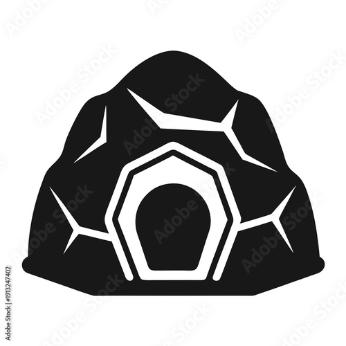 A black and white icon of a cracked rock with a hexagonal opening