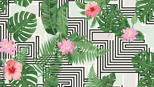 Tropical seamless pattern of monstera leaves and lotus flowers over a black and white geometric maze background for bold textile designs.