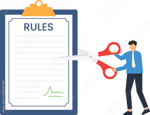 Businessman cutting rules document, policy change concept, regulatory reform, breaking restrictions, corporate freedom, legal compliance, business strategy, flat design style.