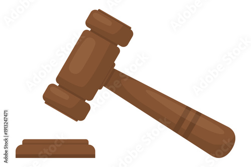 Wooden judge gavel and sound block vector illustration, isolated mallet on white background, legal system law justice court trial auction authority judgment concept, professional flat design graphic.
