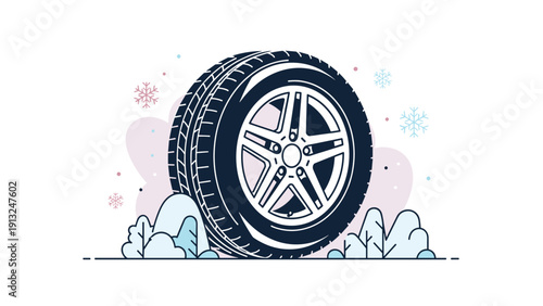 Durable car tire with deep treads placed in the snow representing winter safety and vehicle maintenance in cold weather.