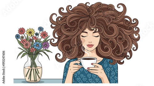 Beautiful woman with voluminous curly hair is shown enjoying a cup of hot coffee next to a vase of colorful spring flowers.