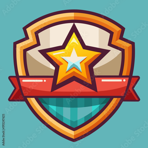 A cartoon star emblem with a ribbon on a shield