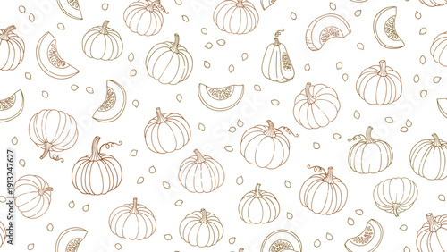 Seamless pattern showcases hand drawn pumpkin outlines and slices in a brown color for autumn and thanksgiving themed designs.