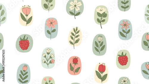 Simple seamless pattern features small colorful flowers and a raspberry fruit enclosed in soft oval shapes on a white background.