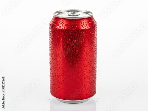 A solitary, chilled coca-cola can stands on a reflective surface against a white background