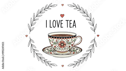 Elegant teacup illustration displays a patterned cup and saucer surrounded by a leafy wreath and the text I love tea in the center.