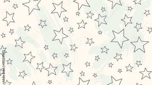 Simple seamless pattern features five pointed star outlines scattered over a background with soft light blue brushstrokes for kids.