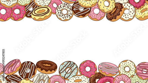 Sweet horizontal border frame composed of many different glazed donuts with sprinkles and chocolate topping on a white background.