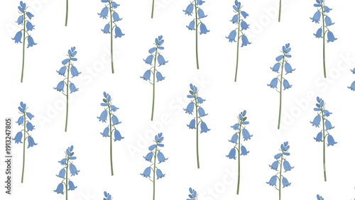 Simple bluebell pattern features tall stems with bell shaped blue blossoms repeated across a plain white background for decor.