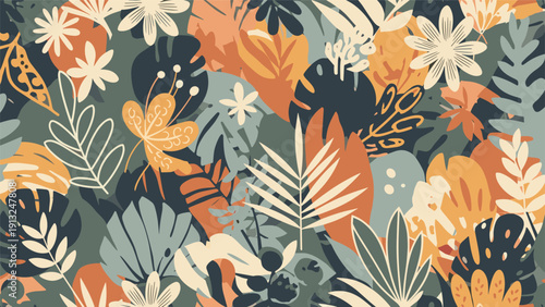 Abstract tropical pattern features overlapping stylized leaves and shapes in vibrant orange, green, and blue for a modern look.