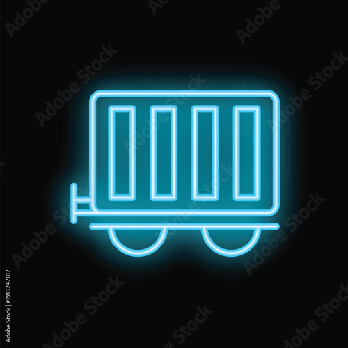 Blue neon icon of a freight wagon transporting cargo on railway tracks, glowing on a dark background