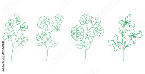 Collection of four delicate green line art floral embroidery designs featuring various stylized blossoms and leaves ready for textile application