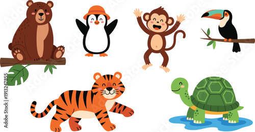 Cute jungle animals cartoon set with bear, penguin, monkey, toucan, tiger and turtle vector illustration