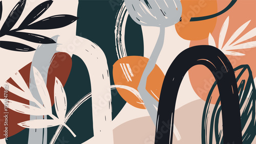 Modern abstract pattern includes organic shapes, brushstrokes, and stylized leaf elements in a sophisticated muted color palette.