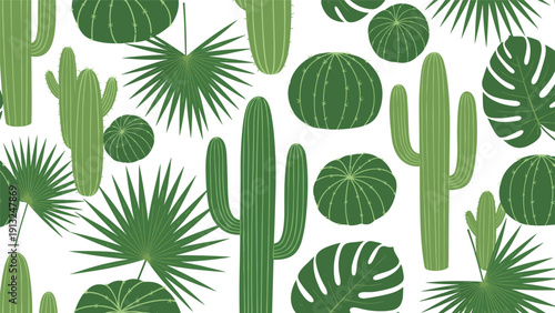Cacti and tropical leaf pattern features various green succulents, monstera, and palm leaves on a clean white background for decor.