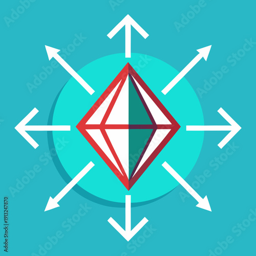 A diamond shape with arrows pointing in all directions on a teal background