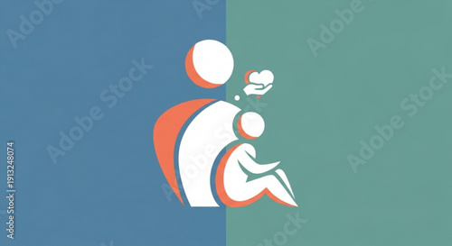 Stylized illustration of a parent and child in thought symbolizing learning and education with a blue and green background