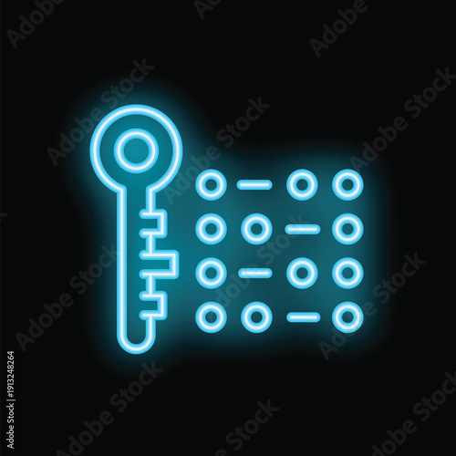 Blue neon icon of a key unlocking binary code representing data encryption