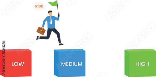 Businessman running business risk financial strategy investment decision navigating challenge low medium high level corporate success holding flag career path future planning