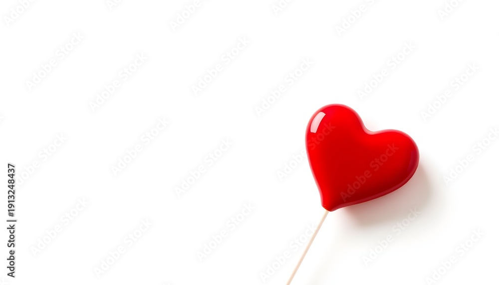 Fototapeta premium A red heart-shaped balloon on a stick held against a plain white surface from a close-up viewpoint