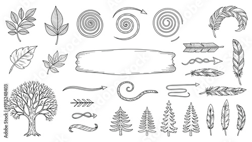 Large set of hand-drawn natural and rustic elements including trees, leaves, feathers, arrows, and decorative spirals on white.