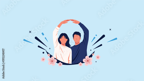 Romantic couple making a heart shape with their arms surrounded by cherry blossoms on a light blue background.