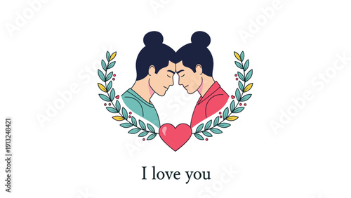Tender illustration of two women touching foreheads inside a laurel wreath with a pink heart and I love you text below.