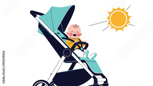 Happy baby sitting in a modern teal stroller enjoys the warm sunshine on a bright and clear day with a big smile on his face.