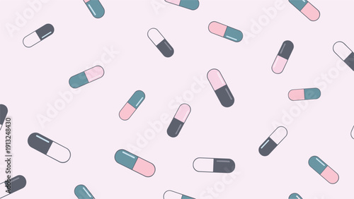 Seamless pattern of simple pharmaceutical capsule pills in pink, blue, and white colors on a soft pale pink background.