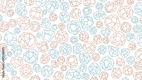 Unique seamless pattern of geometric faceted gemstone and crystal outlines in brown and blue tones on a white background.