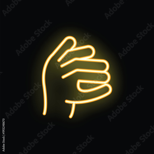 Neon sign of a hand holding an invisible small object with fingers, isolated on a black background