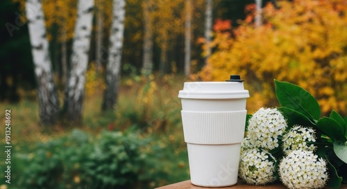 White coffee cup on a wooden table in an autumn forest with flowers