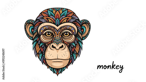 Vibrant monkey face illustration intricately decorated with colorful abstract patterns and tribal motifs on a clean white background.