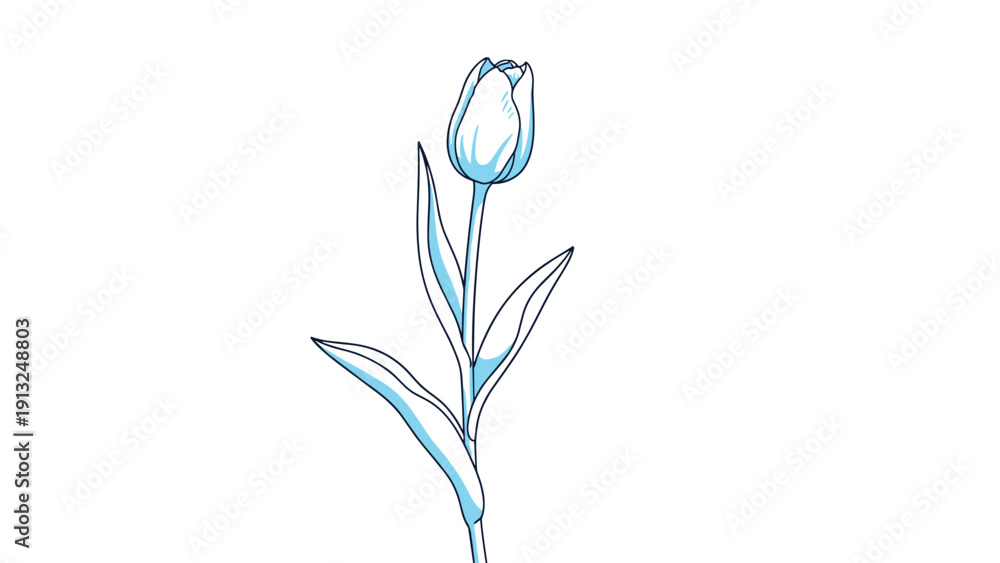 Obraz premium Elegant single blue tulip flower with long green leaves shown in a delicate hand-drawn outline style on white.
