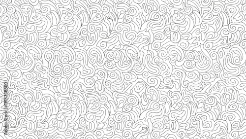 Intricate black and white abstract pattern composed of swirling curly lines and organic shapes on a light background.