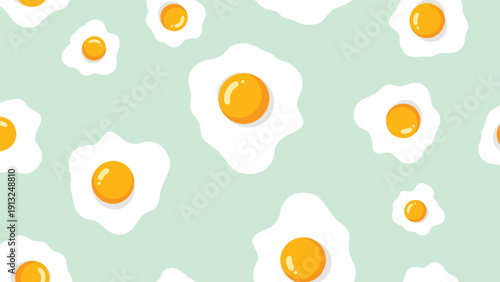 Fun seamless pattern featuring bright fried eggs with yellow yolks scattered on a light mint green background.