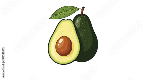 Realistic illustration of a whole green avocado and a half showing the brown seed isolated on a white background.