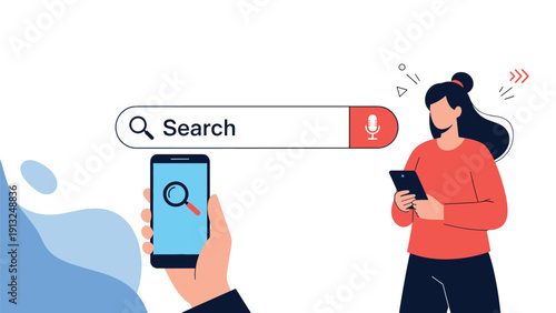 Young woman using a voice search feature on her smartphone with a large search bar interface in the background.