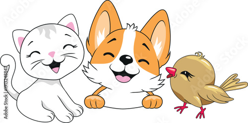 Smiling white kitten, Corgi puppy dog and birdie. Vector.eps