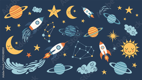Educational seamless pattern for children with planets, rockets, stars, and constellations on a dark blue background.