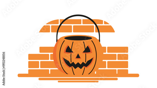 Spooky orange Halloween pumpkin bucket for treats placed in front of an illustrated brick wall for holiday decor.